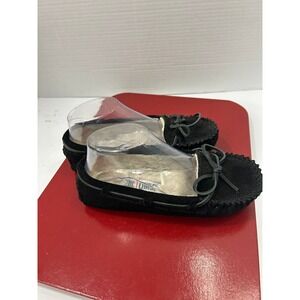 Minnetonka Suede Moccasins 5-5.5 Black Pile Lined Slippers Cozy Cabin Hygge